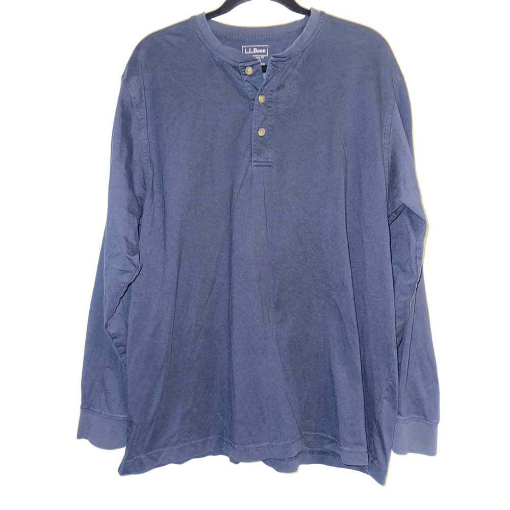 LLBean Mens Carefree‎ Unshrinkable Henley Long Sleeve Blue L 100% Cotton
